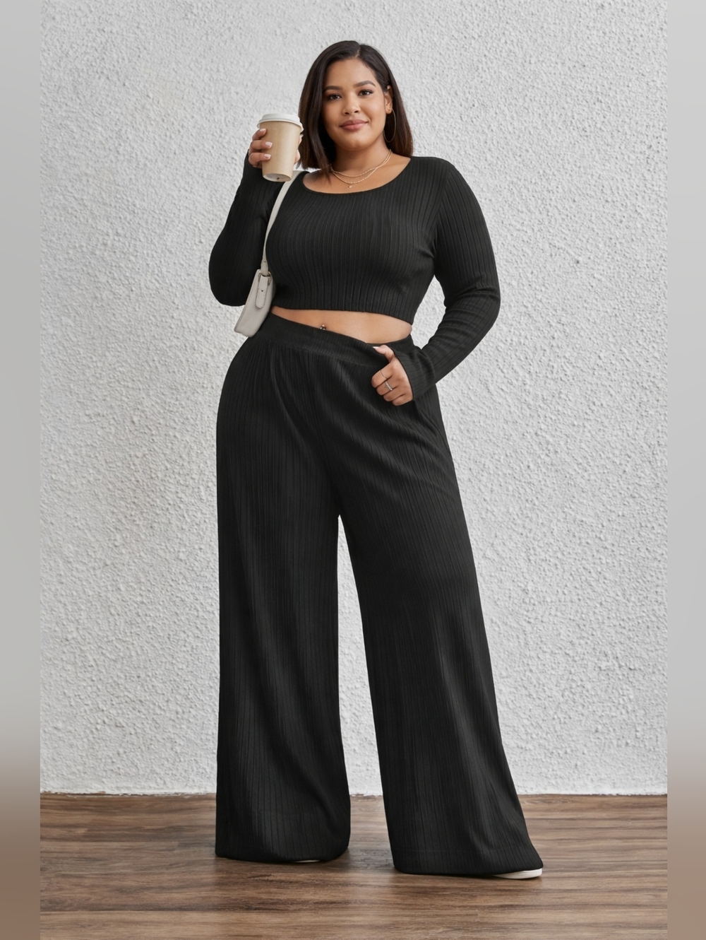 Ribbed Wide-Leg Knit Pantsuit - Black